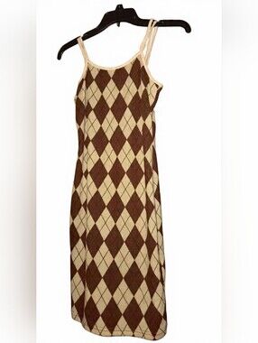 SHEIN Brown and Cream Argyle Slip Dress